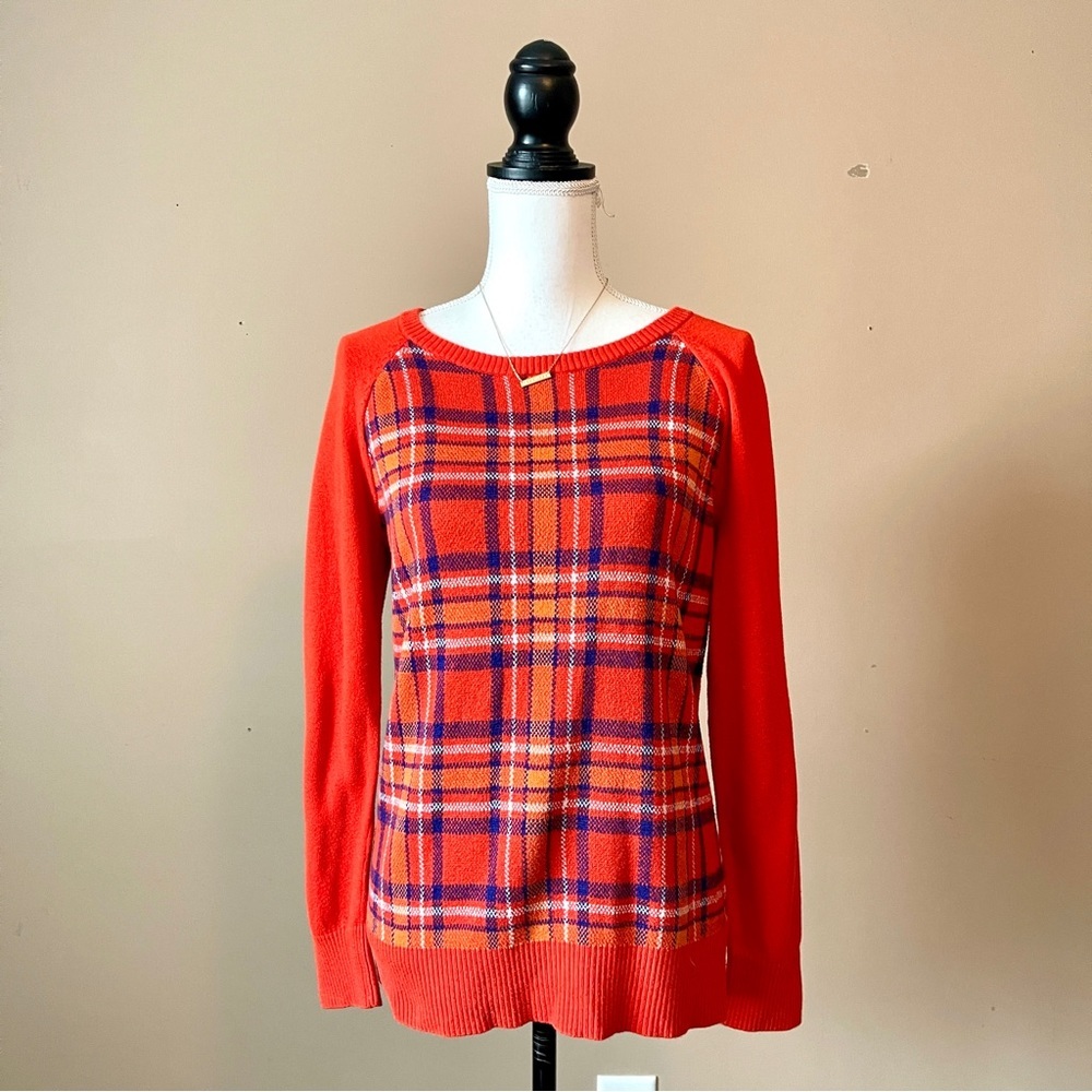 MERONA | Orange Plaid Crewneck Knit Sweater Sz L